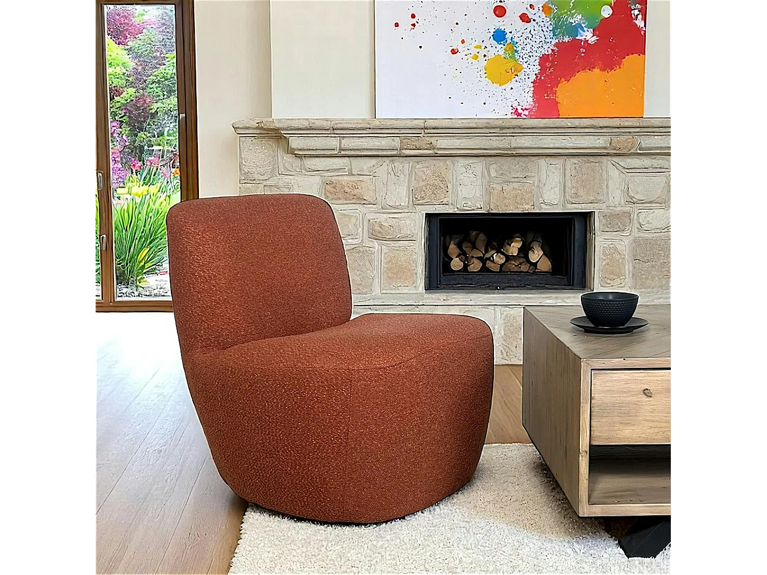 Fauteuil arrondi tissu bouclettes terracotta MALMOE