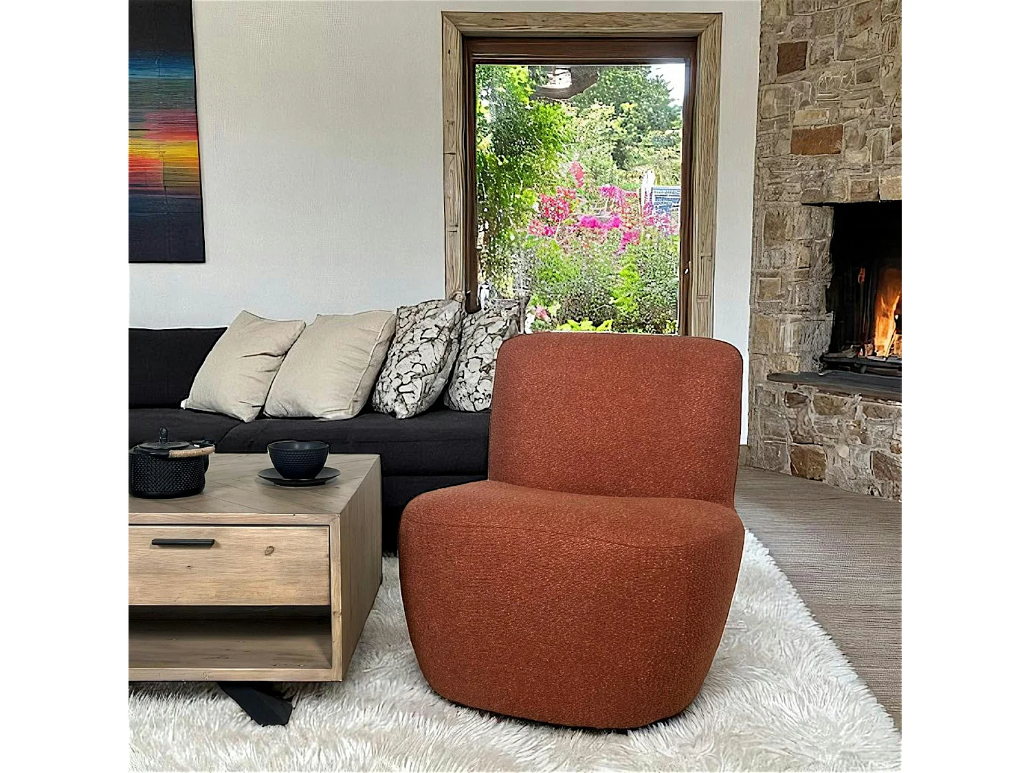 Fauteuil arrondi tissu bouclettes terracotta MALMOE