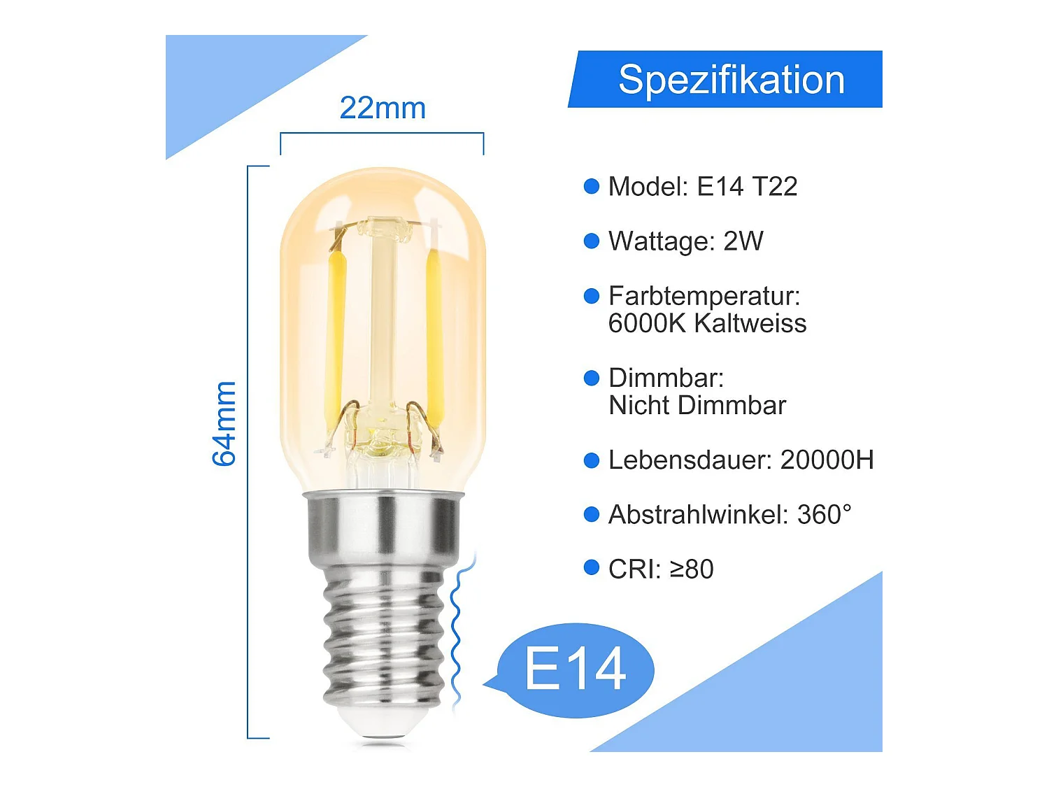 NETTLIFE pakket van 2 E14 koude witte LED, T22 vintage LED 2W retro, 6000K energiebesparende lamp met E14, niet dimbaar.