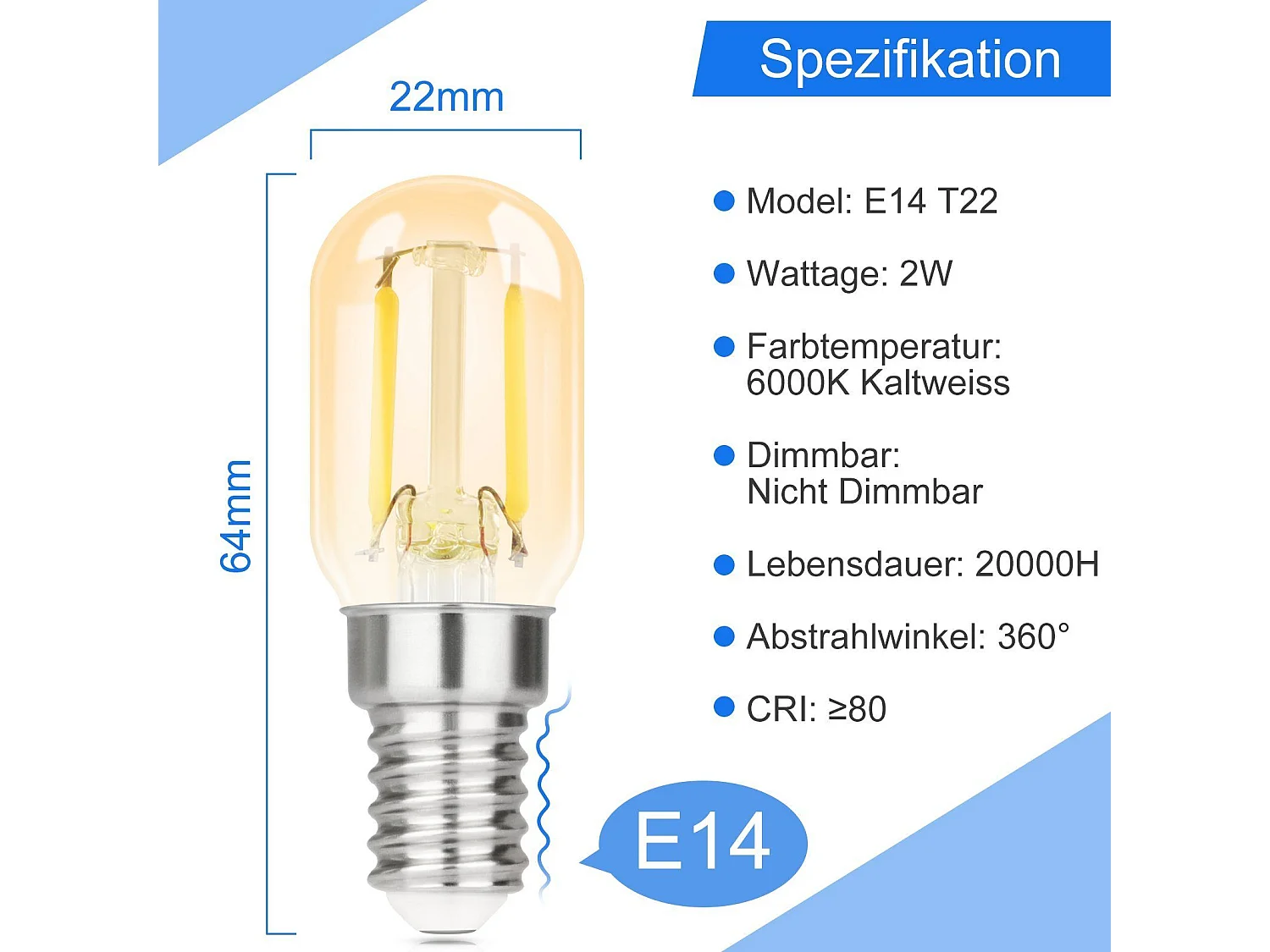 NETTLIFE pack de 2 E14 LED blanc froid T22 vintage LED 2W rétro 6000K lampe à économie d'énergie E14 non dimmable