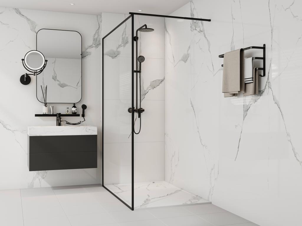 Receveur extra-plat à poser ou à encastrer découpable en résine SMC - Blanc marbré - 140 x 90 cm - LYROSA