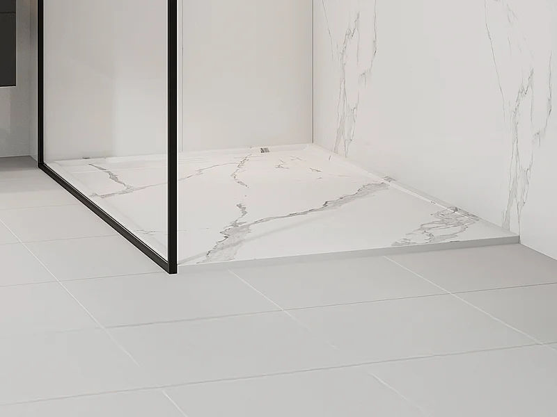 Plato de ducha extraplano para instalar o empotrar, cortable en resina SMC - Blanco marmolado - 140 x 90 cm - LYROSA