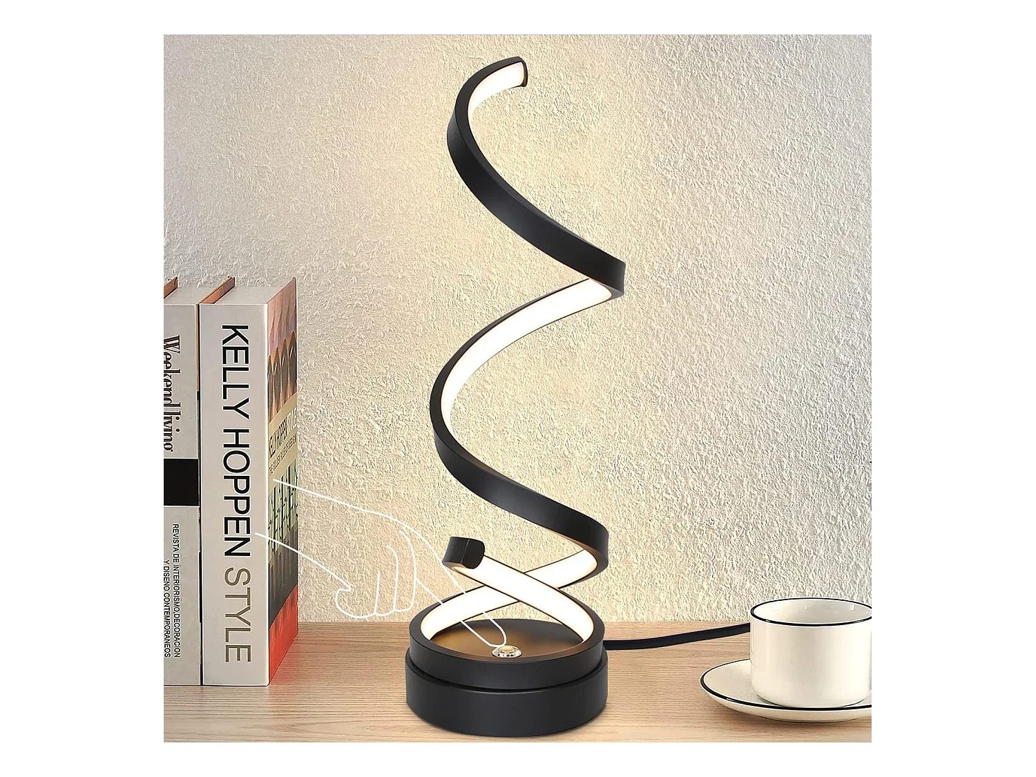 NETTLIFE lámpara de mesa LED regulable táctil para mesilla de noche, moderna de 12W con un diseño negro de 1,6 metros.