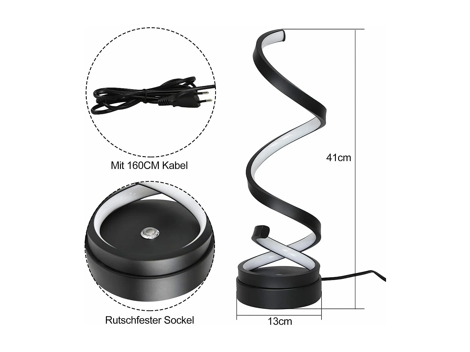 NETTLIFE lámpara de mesa LED regulable táctil para mesilla de noche, moderna de 12W con un diseño negro de 1,6 metros.