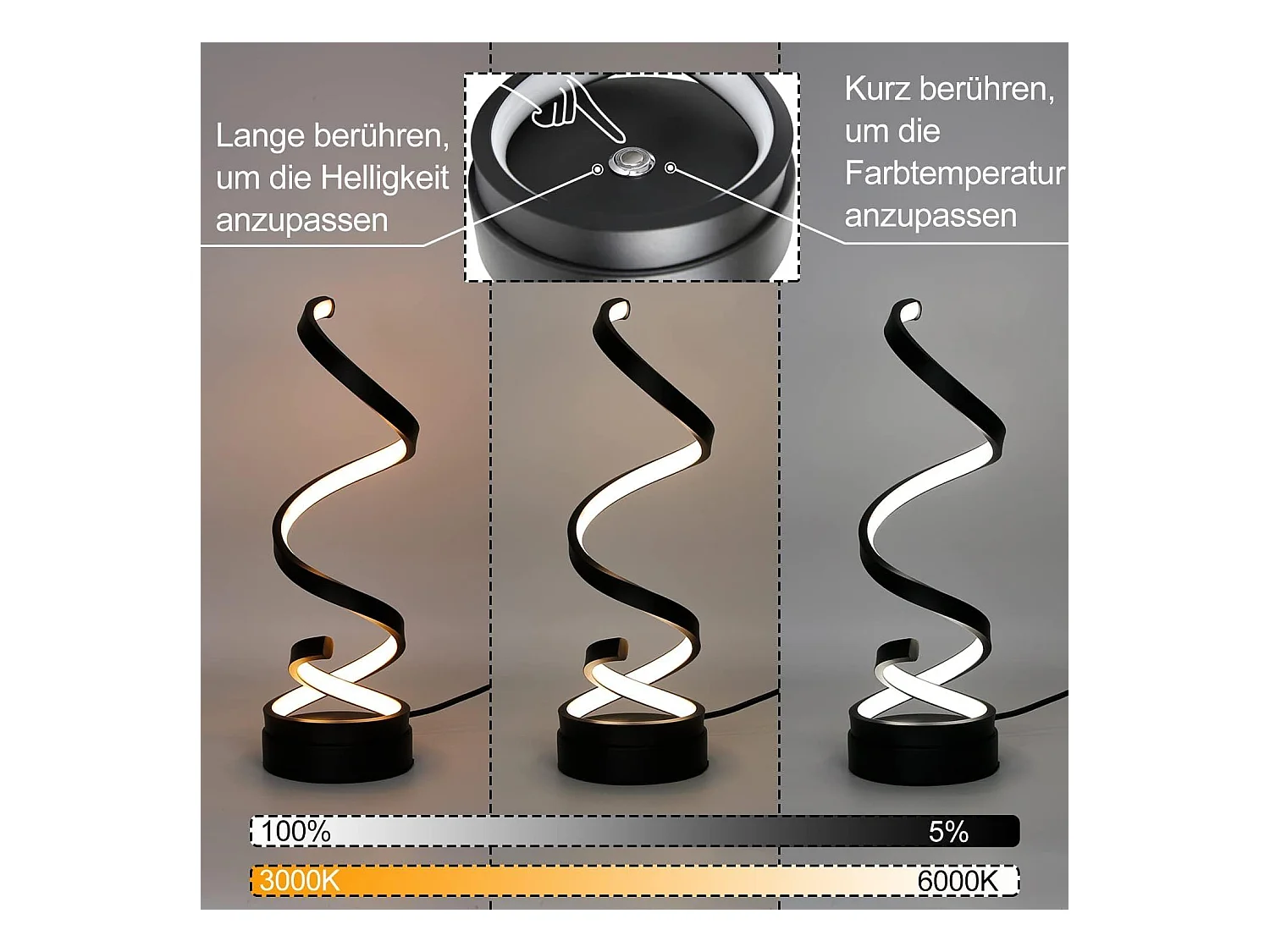 NETTLIFE lampe de chevet tactile lampe de table LED dimmable 12W moderne avec 1,6M design noir