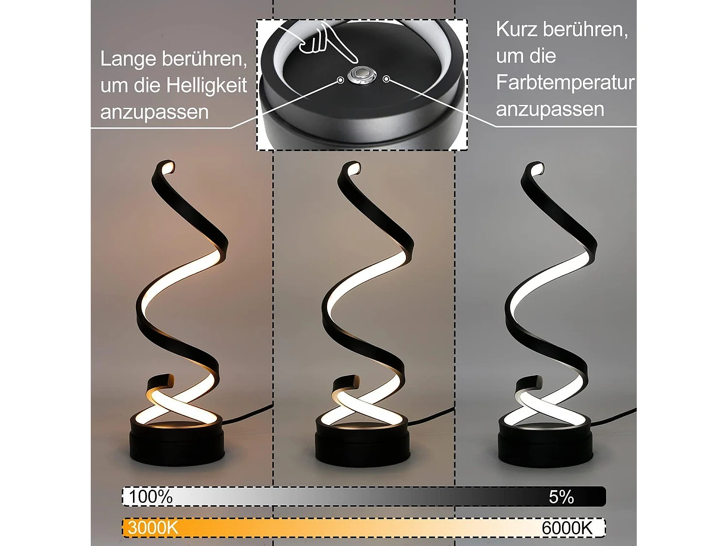 NETTLIFE lampe de chevet tactile lampe de table LED dimmable 12W moderne avec 1,6M design noir