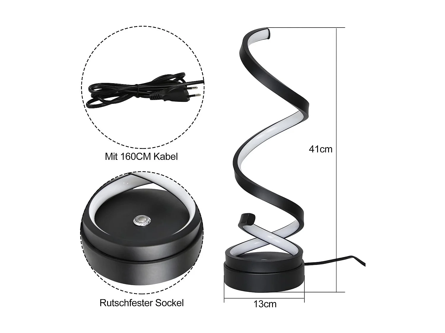 NETTLIFE lampe de chevet tactile lampe de table LED dimmable 12W moderne avec 1,6M design noir