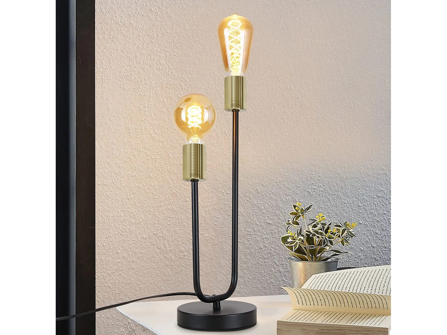 NETTLIFE Lampe de Table Lampe de Chevet Vintage Noir Salon Noir Or E27 Veilleuse Industrielle en Métal avec Câble