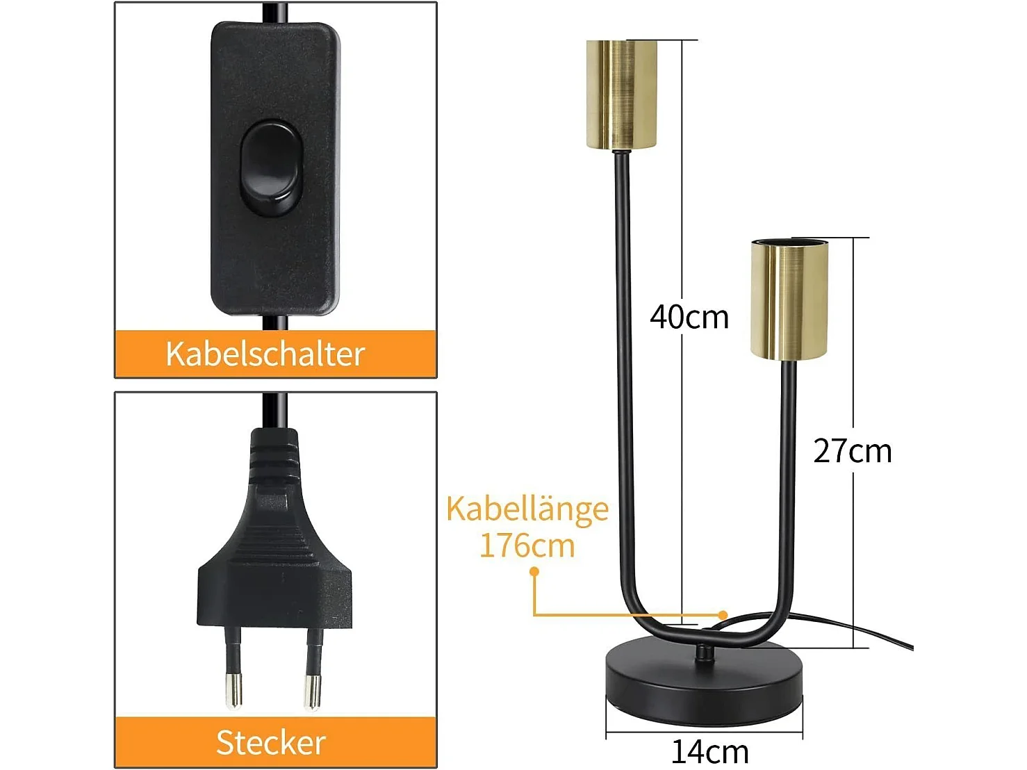 NETTLIFE Tafellamp Nachtlamp Vintage Zwart Zwart - Goud Salon E27 Industriële Nachtlamp van Metaal met Kabel