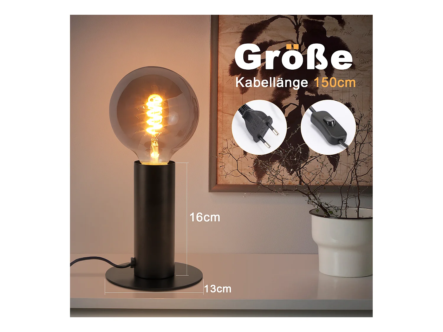 NETTLIFE lámpara de noche / lámpara de mesa vintage, E27, negro, máximo 40W, de estilo retro industrial.