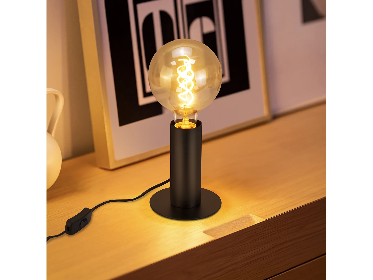 NETTLIFE lámpara de noche / lámpara de mesa vintage, E27, negro, máximo 40W, de estilo retro industrial.