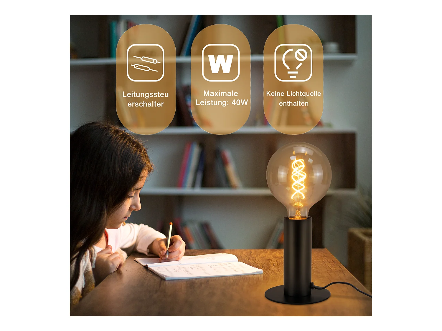 NETTLIFE lámpara de noche / lámpara de mesa vintage, E27, negro, máximo 40W, de estilo retro industrial.