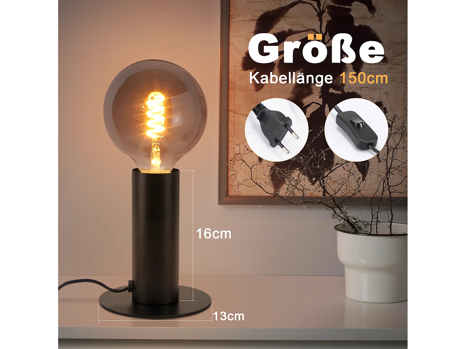 NETTLIFE lampka nocna vintage lampa stołowa E27 czarna MAX.40W retro industrialna