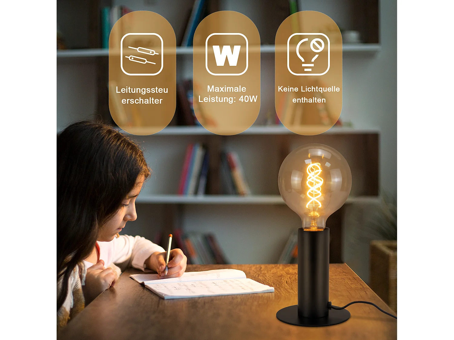 NETTLIFE lampe de chevet lampe de table vintage E27 noir MAX.40W rétro industriel