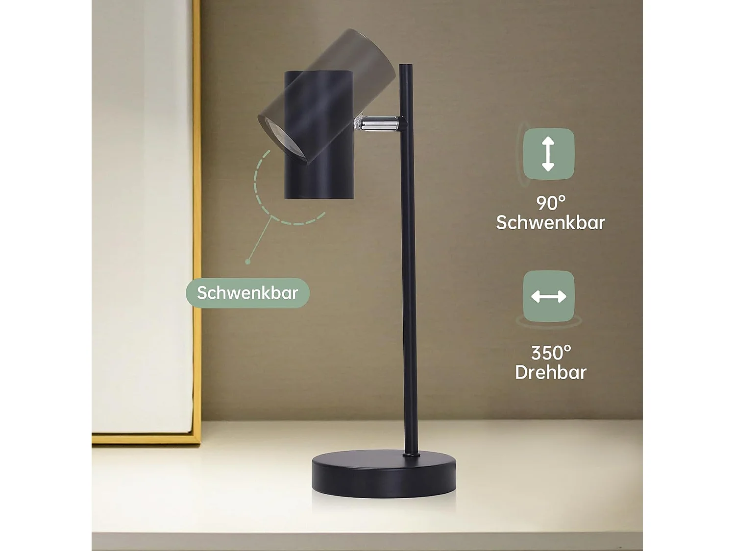 NETTLIFE lampe de chevet lampe de table noire salon pivotante 350° GU10 métal bureau