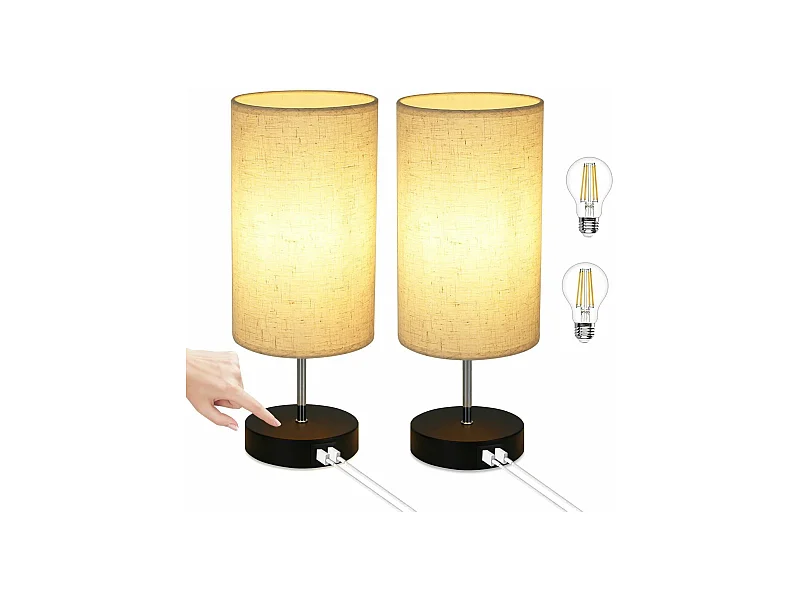 NETTLIFE Conjunto de 2 Lámparas de Mesa / Lámparas de Cabecero Táctiles USB Negro Vintage, Lámpara de Mesa con Intensidad Variable E27 y Función de Carga Moderna.