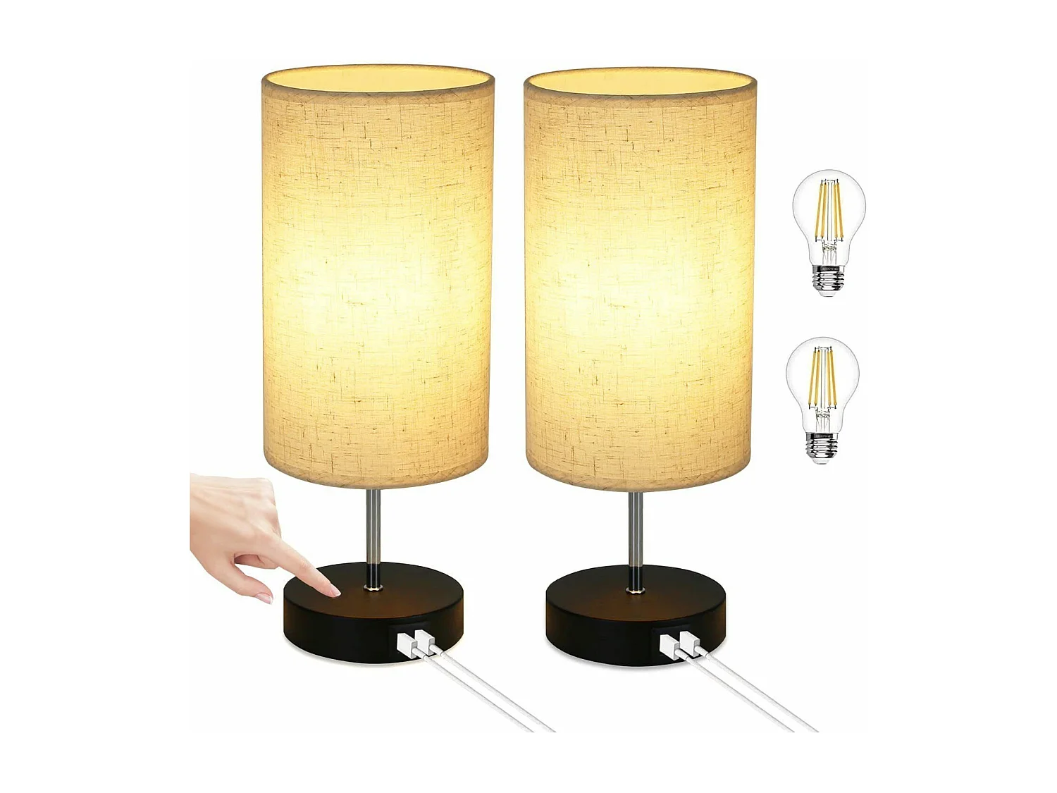 NETTLIFE Zestaw 2 lamp stołowych Lampka nocna USB Touch Czarna Vintage E27 Ściemnialna lampa stołowa z funkcją ładowania Nowoczesna