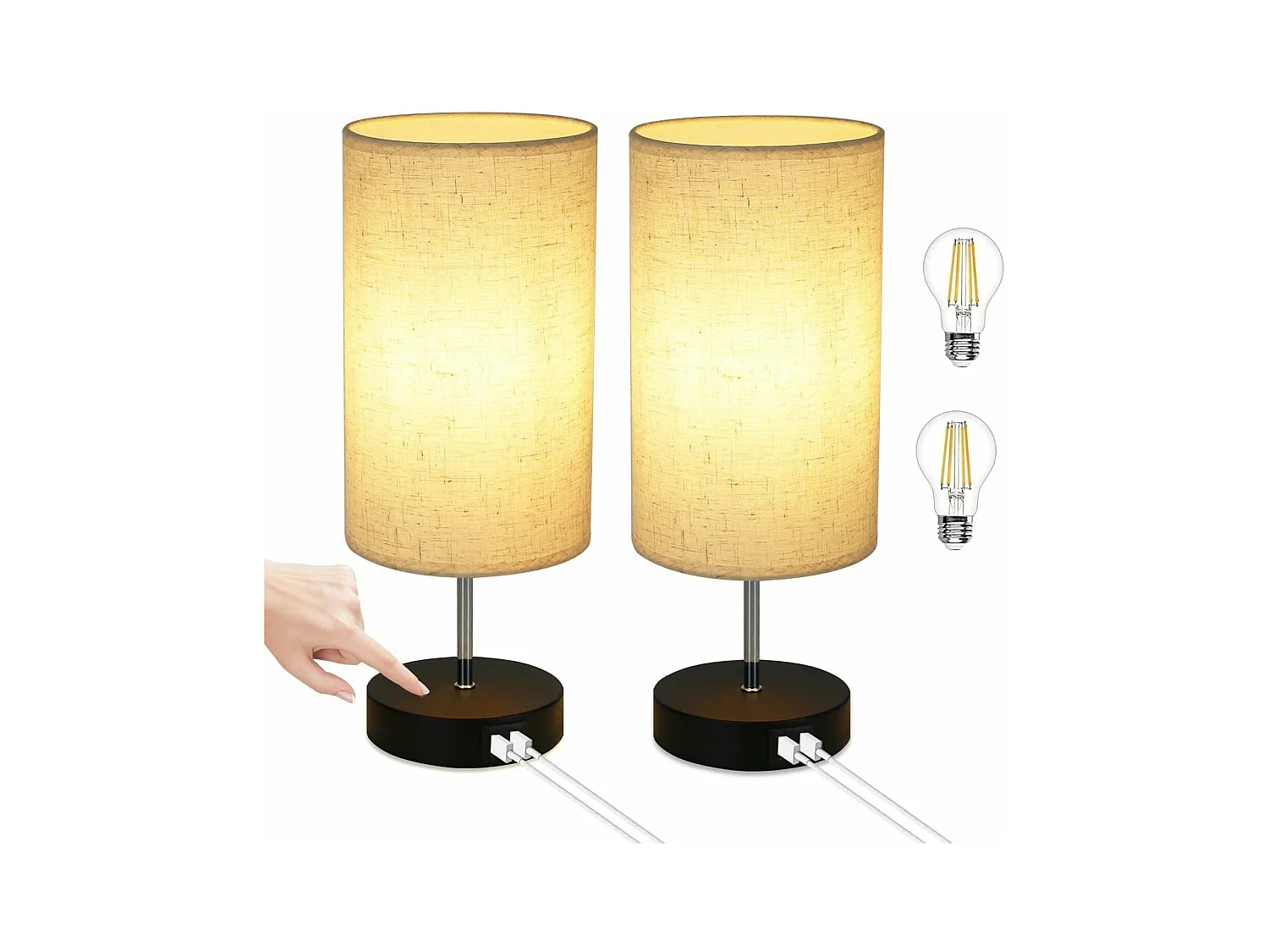 NETTLIFE Lot de 2 Lampes de Table Lampe de Chevet Tactile USB Noir Vintage Lampe de Table à Intensité Variable E27 avec Fonction de Charge Moderne