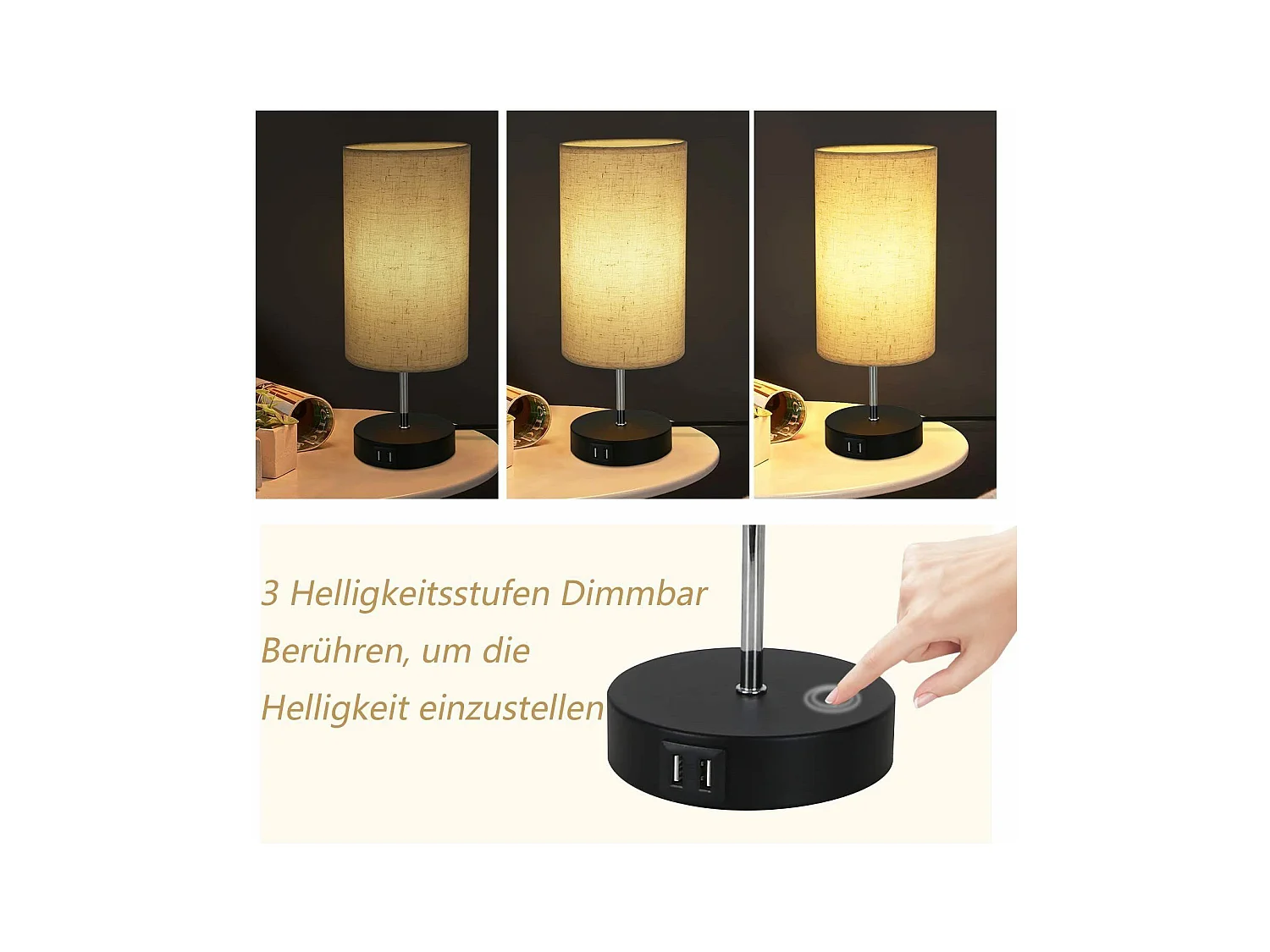 NETTLIFE Set mit 2 Tischlampen, Nachttischlampe mit USB, Schwarz, Vintage, Tischlampe mit veränderbarer Helligkeit, E27, mit moderner Ladefunktion