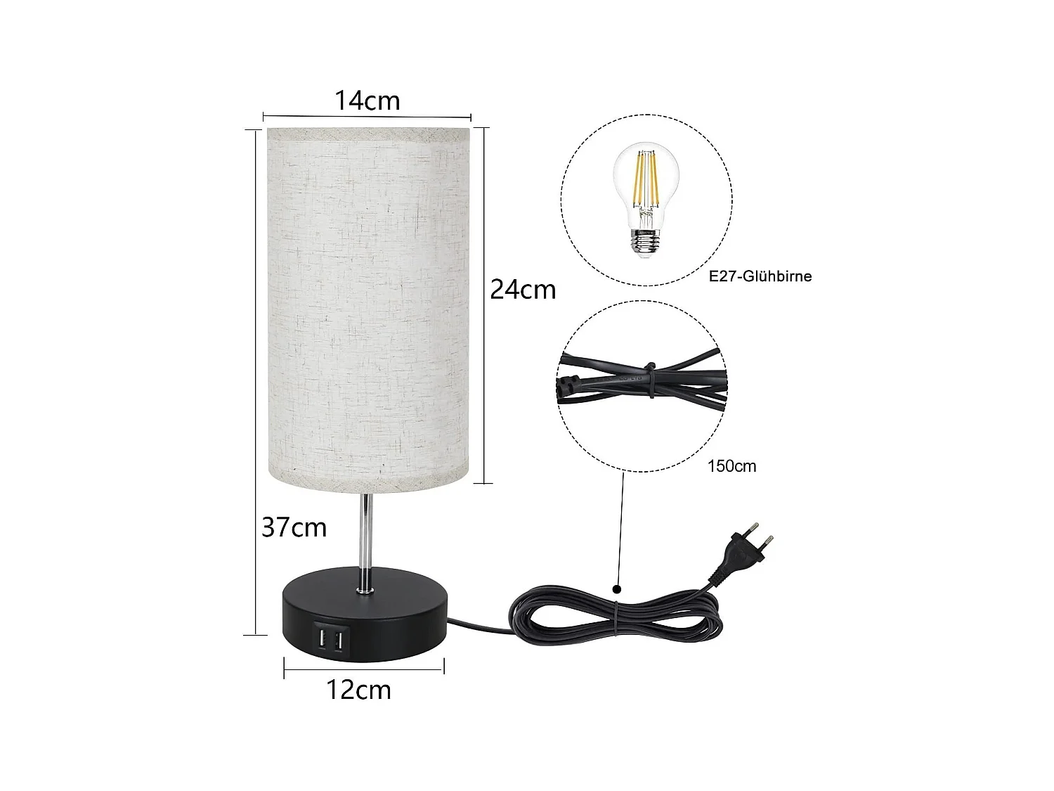 NETTLIFE Set mit 2 Tischlampen, Nachttischlampe mit USB, Schwarz, Vintage, Tischlampe mit veränderbarer Helligkeit, E27, mit moderner Ladefunktion