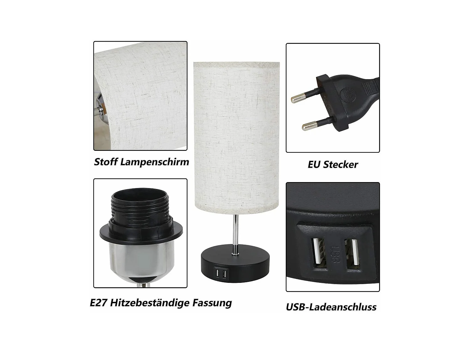 NETTLIFE Set mit 2 Tischlampen, Nachttischlampe mit USB, Schwarz, Vintage, Tischlampe mit veränderbarer Helligkeit, E27, mit moderner Ladefunktion