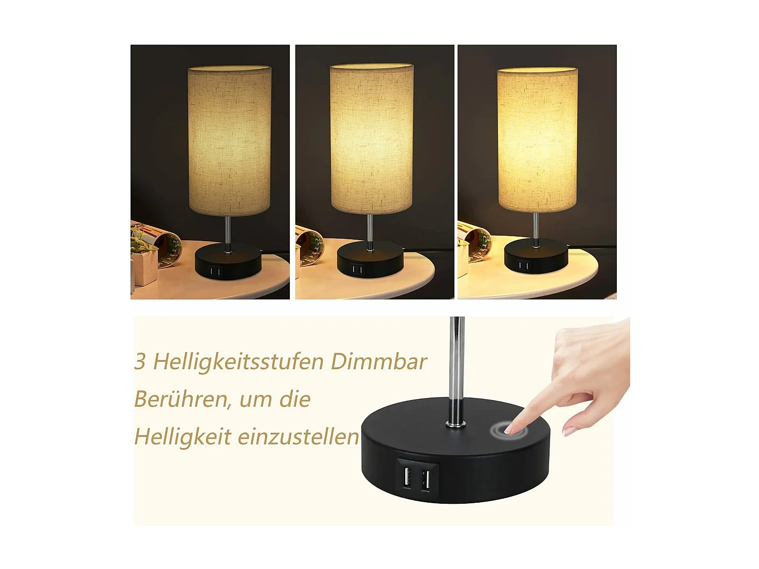 NETTLIFE Conjunto de 2 Lámparas de Mesa / Lámparas de Cabecero Táctiles USB Negro Vintage, Lámpara de Mesa con Intensidad Variable E27 y Función de Carga Moderna.