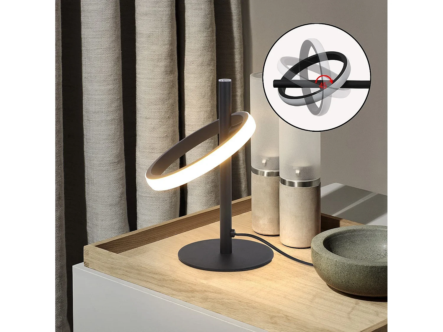 NETTLIFE Lampe de table LED blanche moderne en forme d'anneau, lampe de chevet rotative avec anneaux amovibles 13W