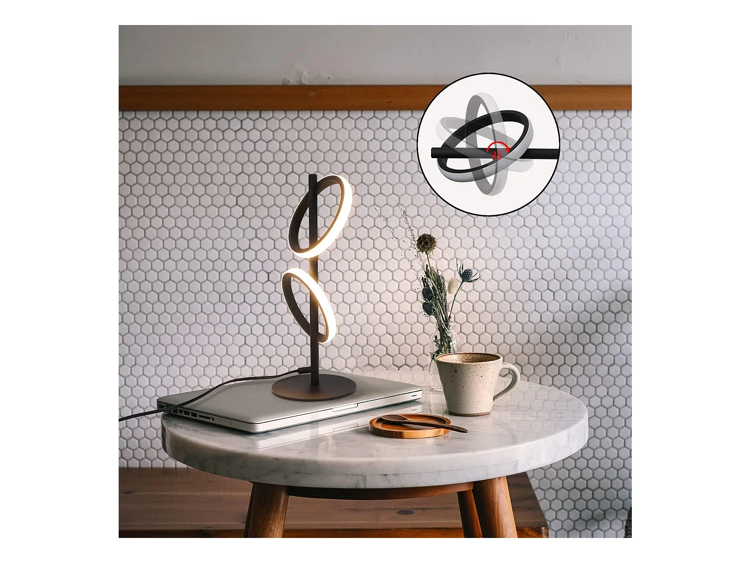 NETTLIFE Lámpara de Mesa Moderna LED Negra, Anillos Desmontables, 13W, 3000K, Blanco Cálido, Asistente Desmontable