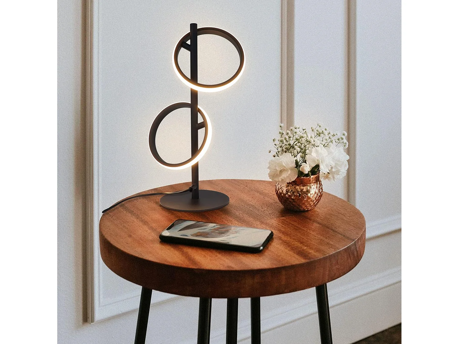 NETTLIFE Lámpara de Mesa Moderna LED Negra, Anillos Desmontables, 13W, 3000K, Blanco Cálido, Asistente Desmontable