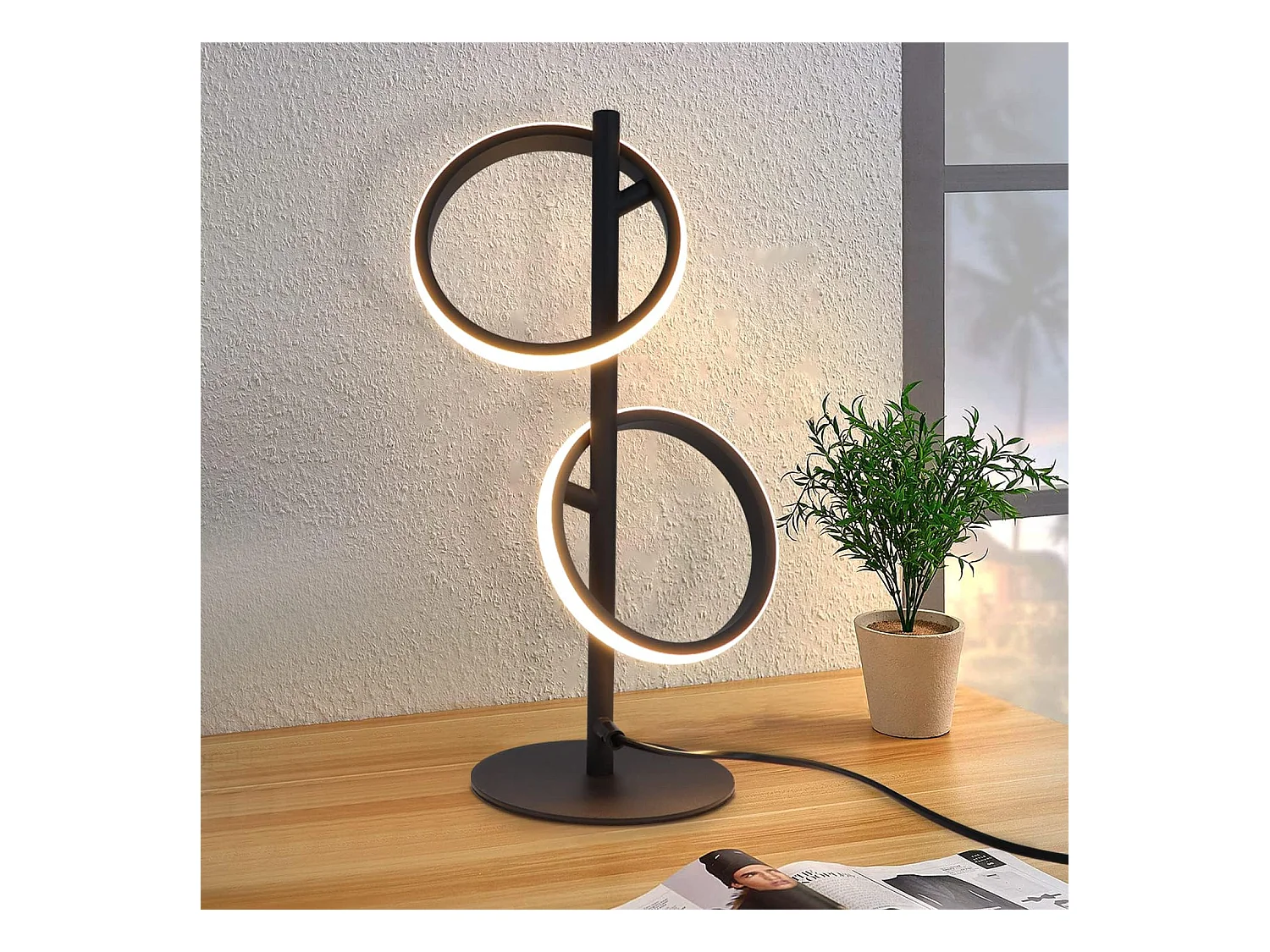 NETTLIFE Lampe de Table Moderne LED Noir Anneaux Amovibles 13W 3000K Blanc Chaud étude Amovible