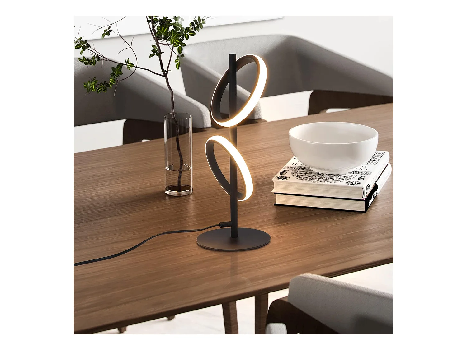 NETTLIFE Lampe de Table Moderne LED Noir Anneaux Amovibles 13W 3000K Blanc Chaud étude Amovible