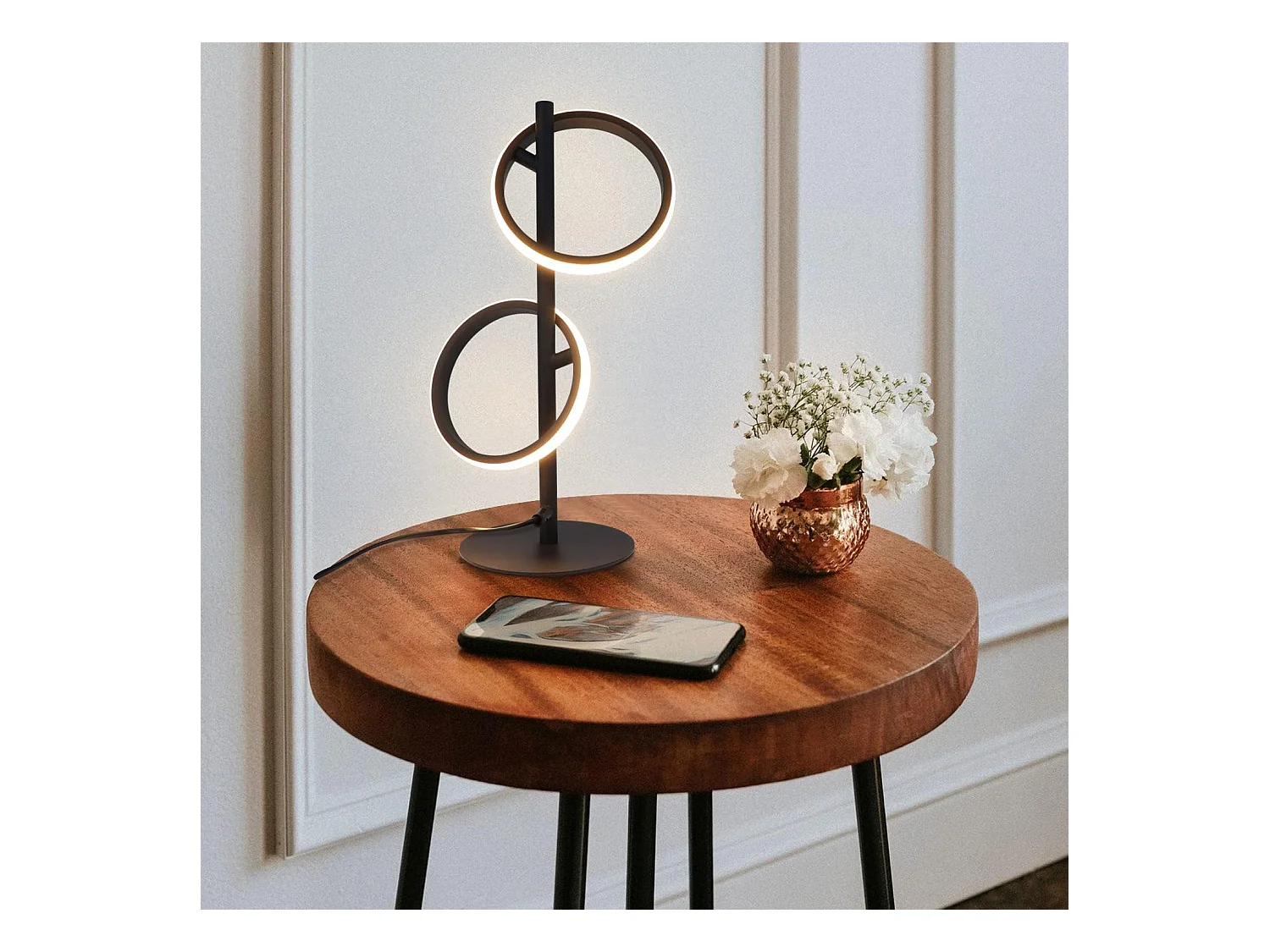 NETTLIFE Lampe de Table Moderne LED Noir Anneaux Amovibles 13W 3000K Blanc Chaud étude Amovible