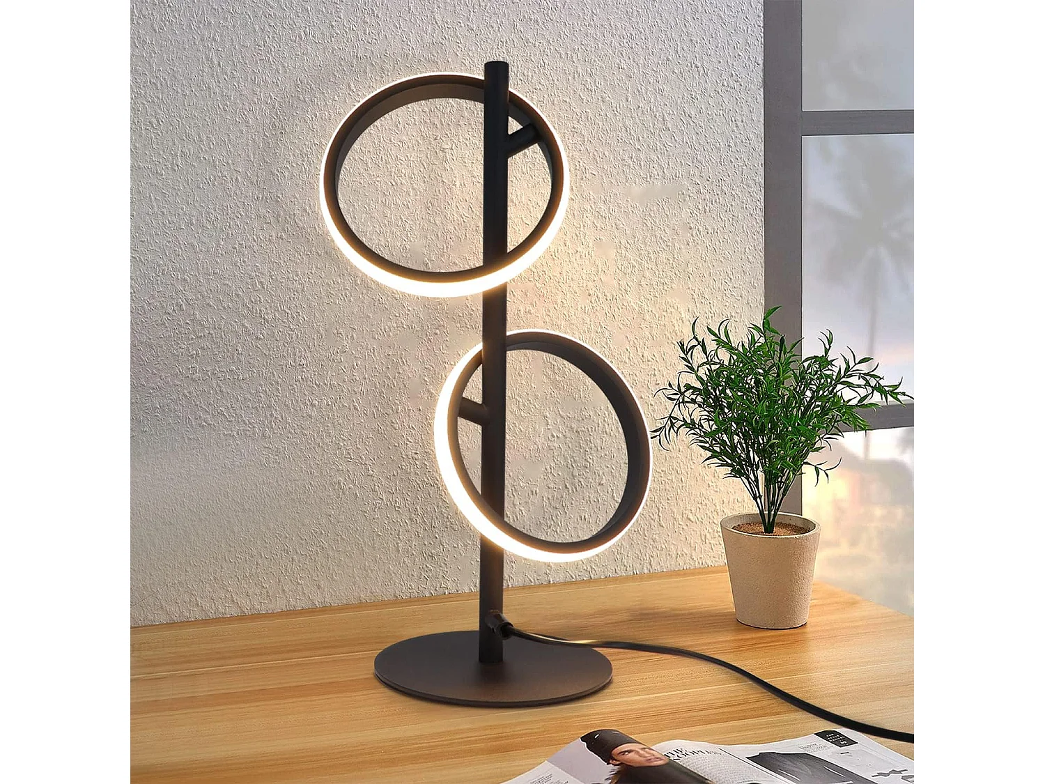 NETTLIFE Lampe de Table Moderne LED Noir Anneaux Amovibles 13W 3000K Blanc Chaud étude Amovible