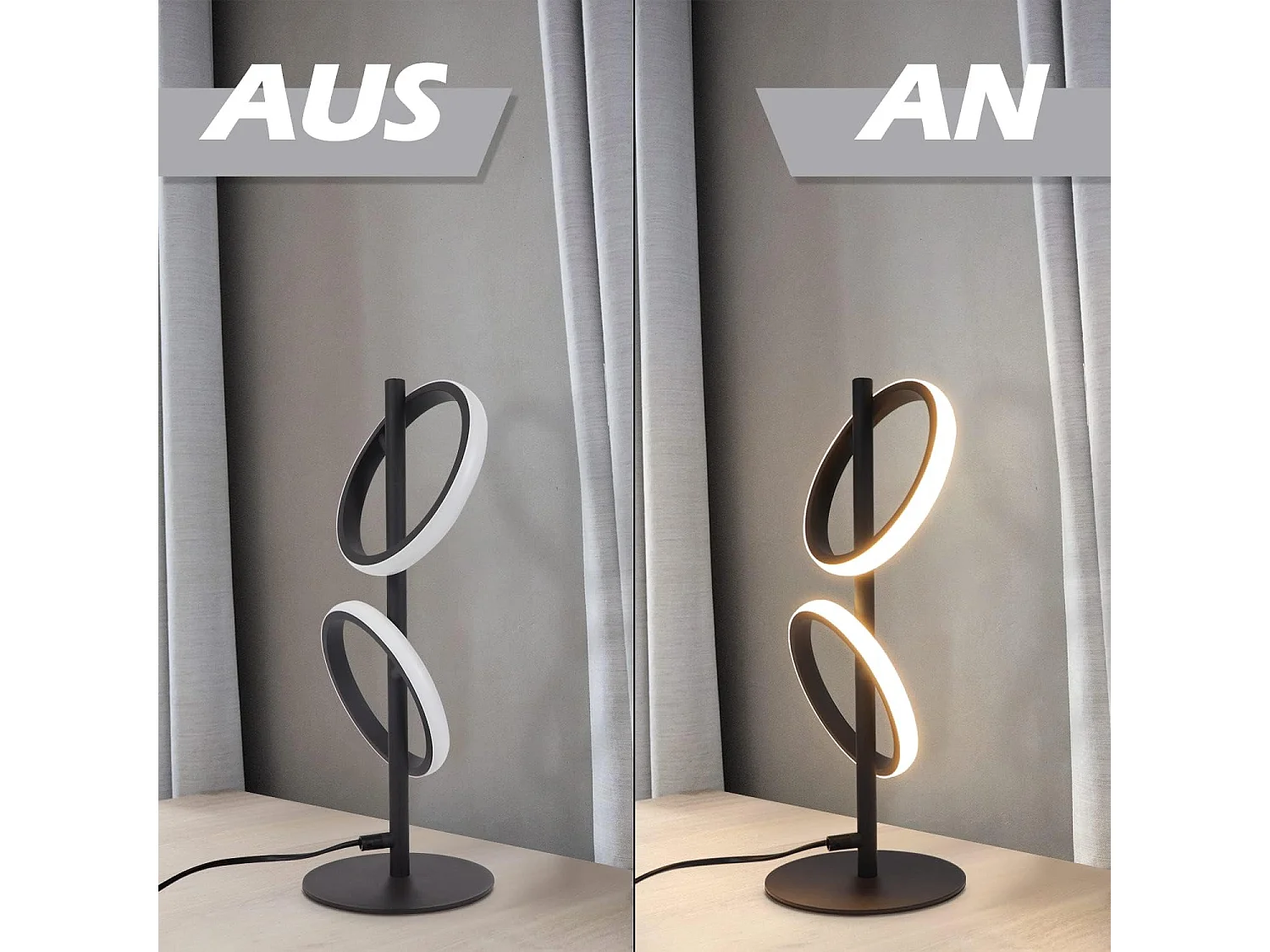 NETTLIFE Lampe de Table Moderne LED Noir Anneaux Amovibles 13W 3000K Blanc Chaud étude Amovible