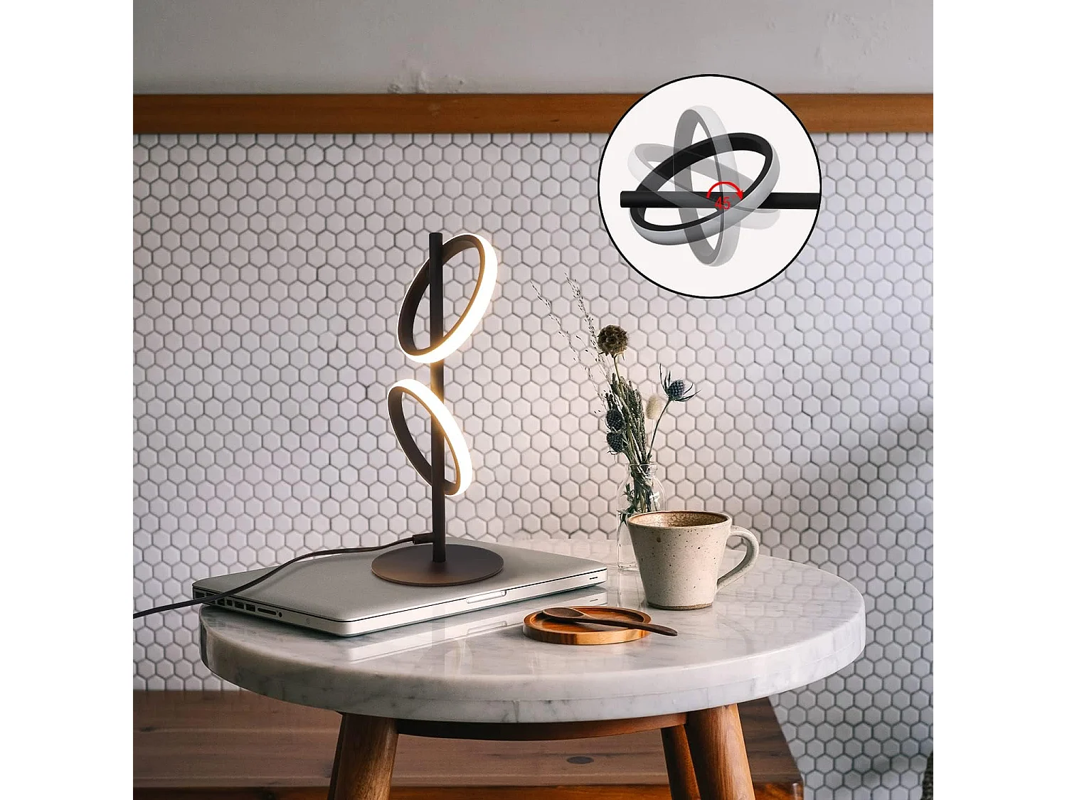 NETTLIFE Lampe de Table Moderne LED Noir Anneaux Amovibles 13W 3000K Blanc Chaud étude Amovible