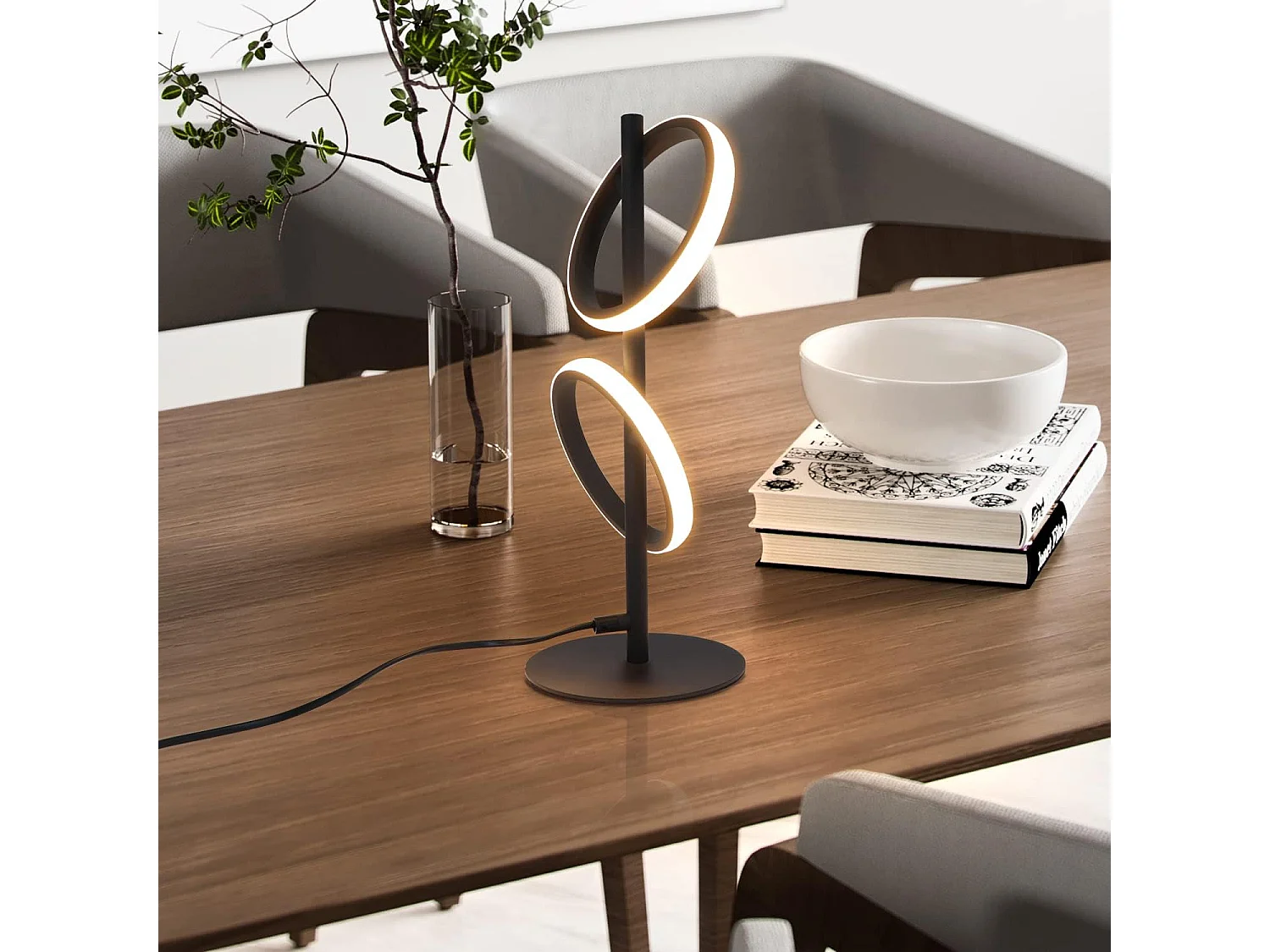 NETTLIFE Lampe de Table Moderne LED Noir Anneaux Amovibles 13W 3000K Blanc Chaud étude Amovible