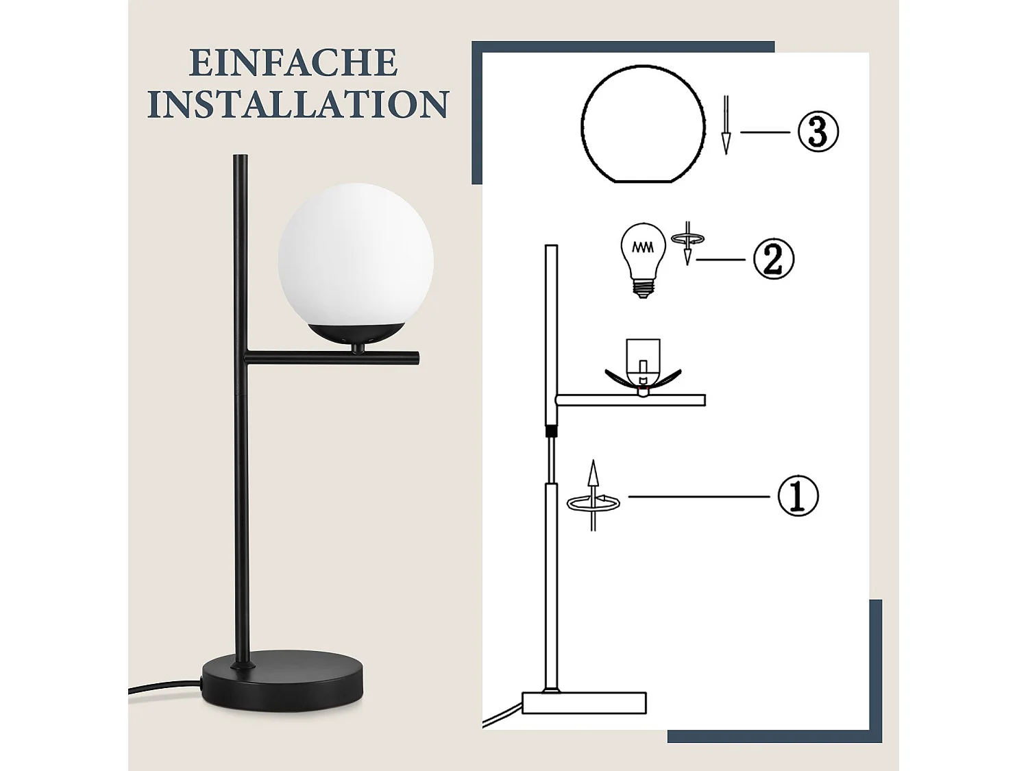 NETTLIFE Tischlampe Wohnzimmer Nachttischlampe E27 Schwarz Modernes Glasdesign Vintage Retro Industrielle Tischlampe mit 1,5M