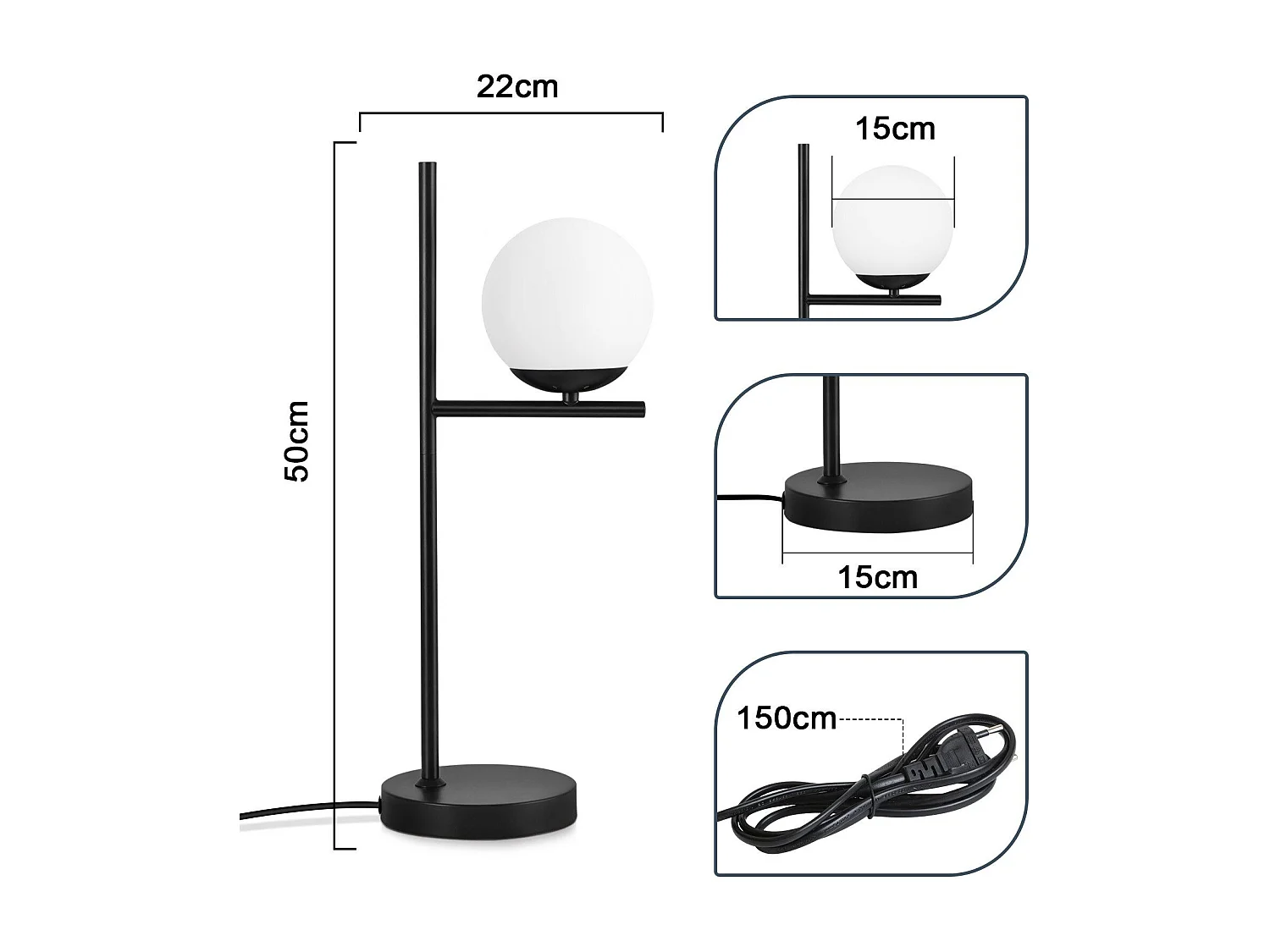 NETTLIFE Tischlampe Wohnzimmer Nachttischlampe E27 Schwarz Modernes Glasdesign Vintage Retro Industrielle Tischlampe mit 1,5M