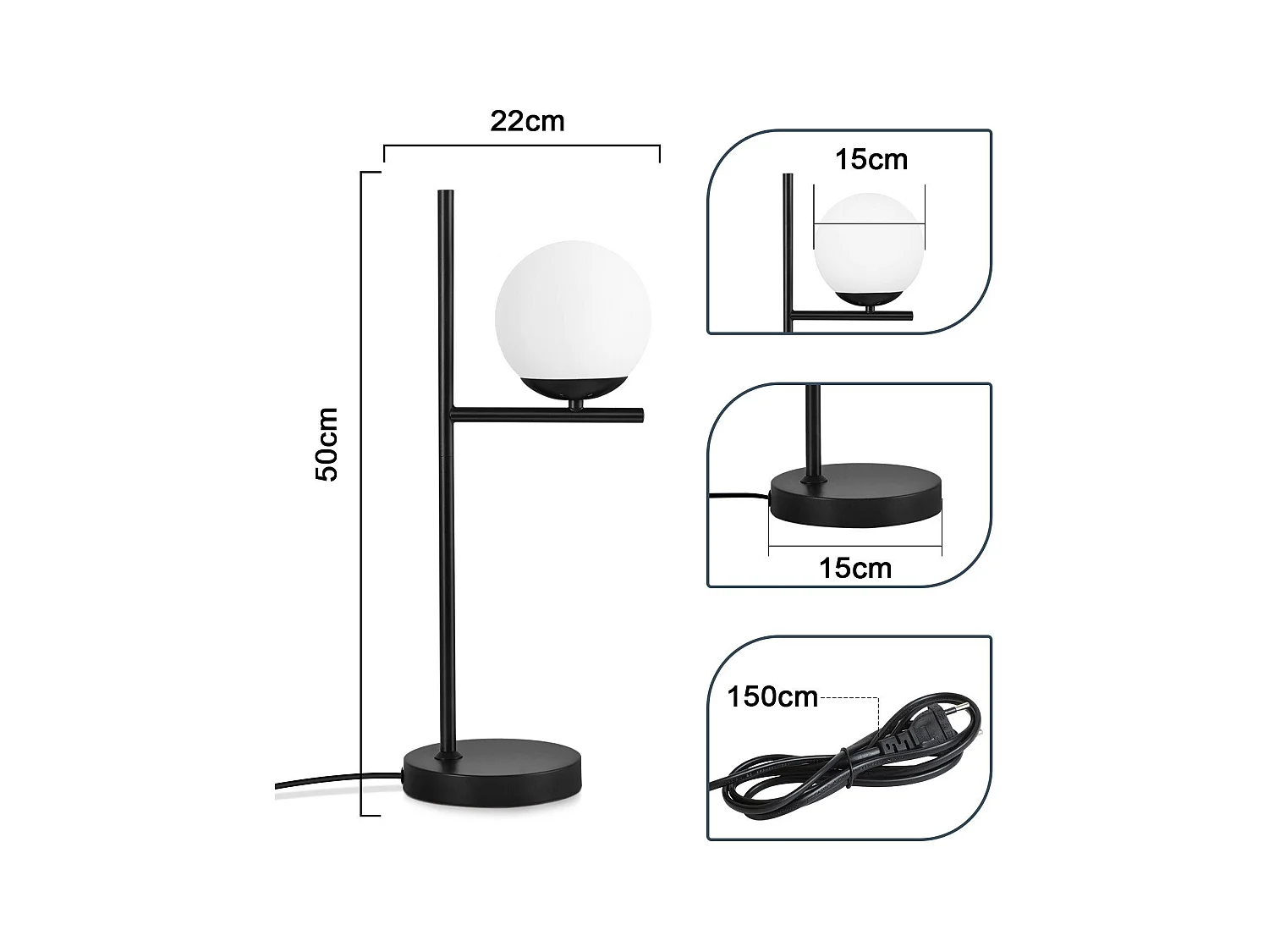 NETTLIFE lampe de Table salon lampe de chevet E27 noir moderne verre Design Vintage rétro industriel lampe de Table avec 1.5M