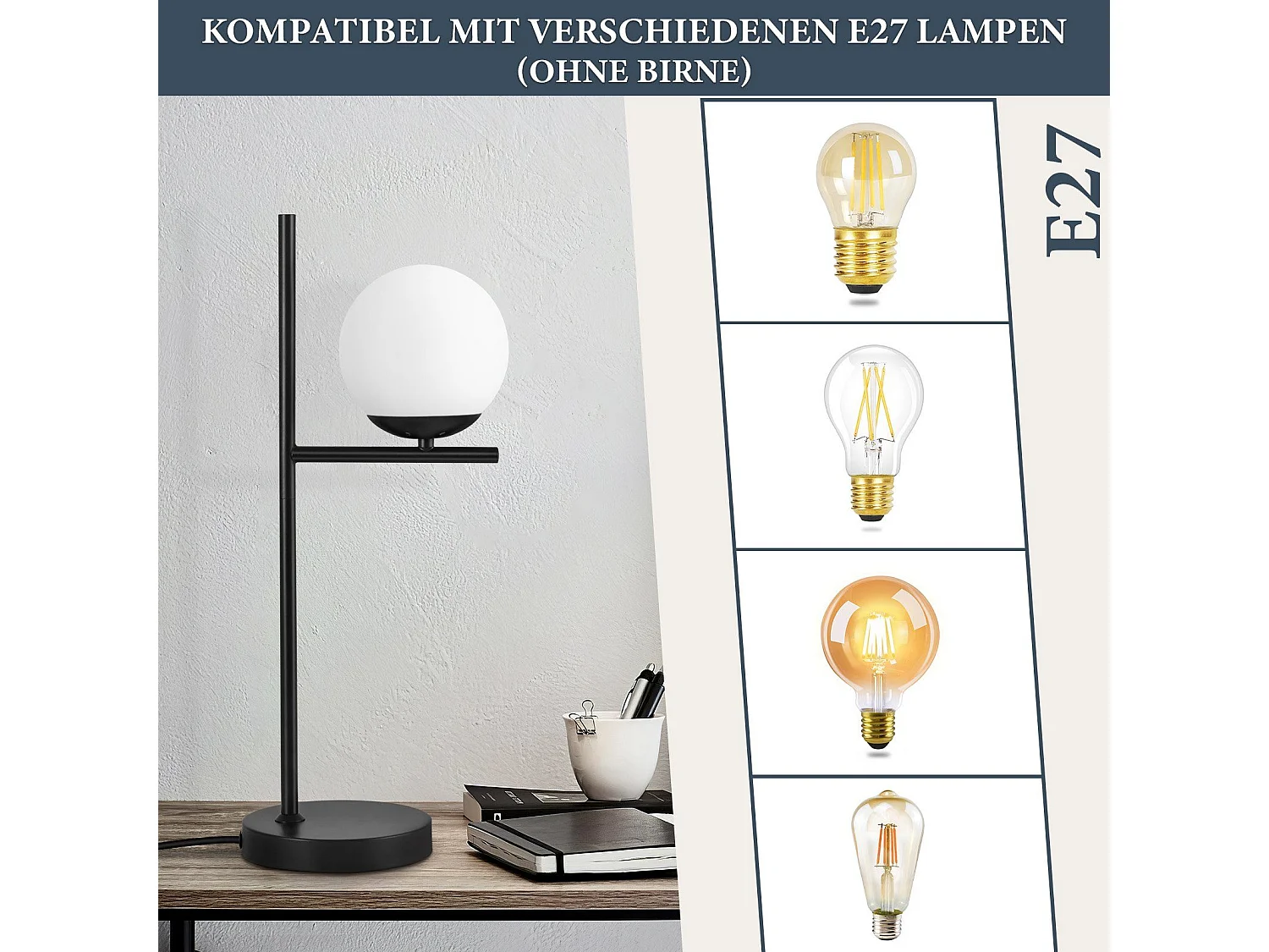 NETTLIFE lampe de Table salon lampe de chevet E27 noir moderne verre Design Vintage rétro industriel lampe de Table avec 1.5M