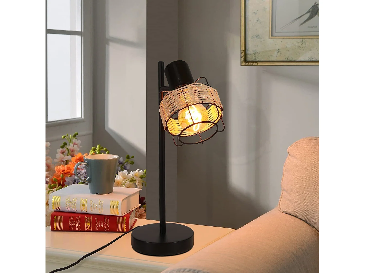 NETTLIFE lampa stołowa vintage lampka nocna lampa retro czarna salon rattan metal E27