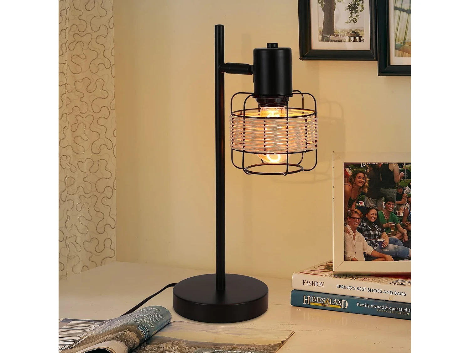 NETTLIFE lampa stołowa vintage lampka nocna lampa retro czarna salon rattan metal E27