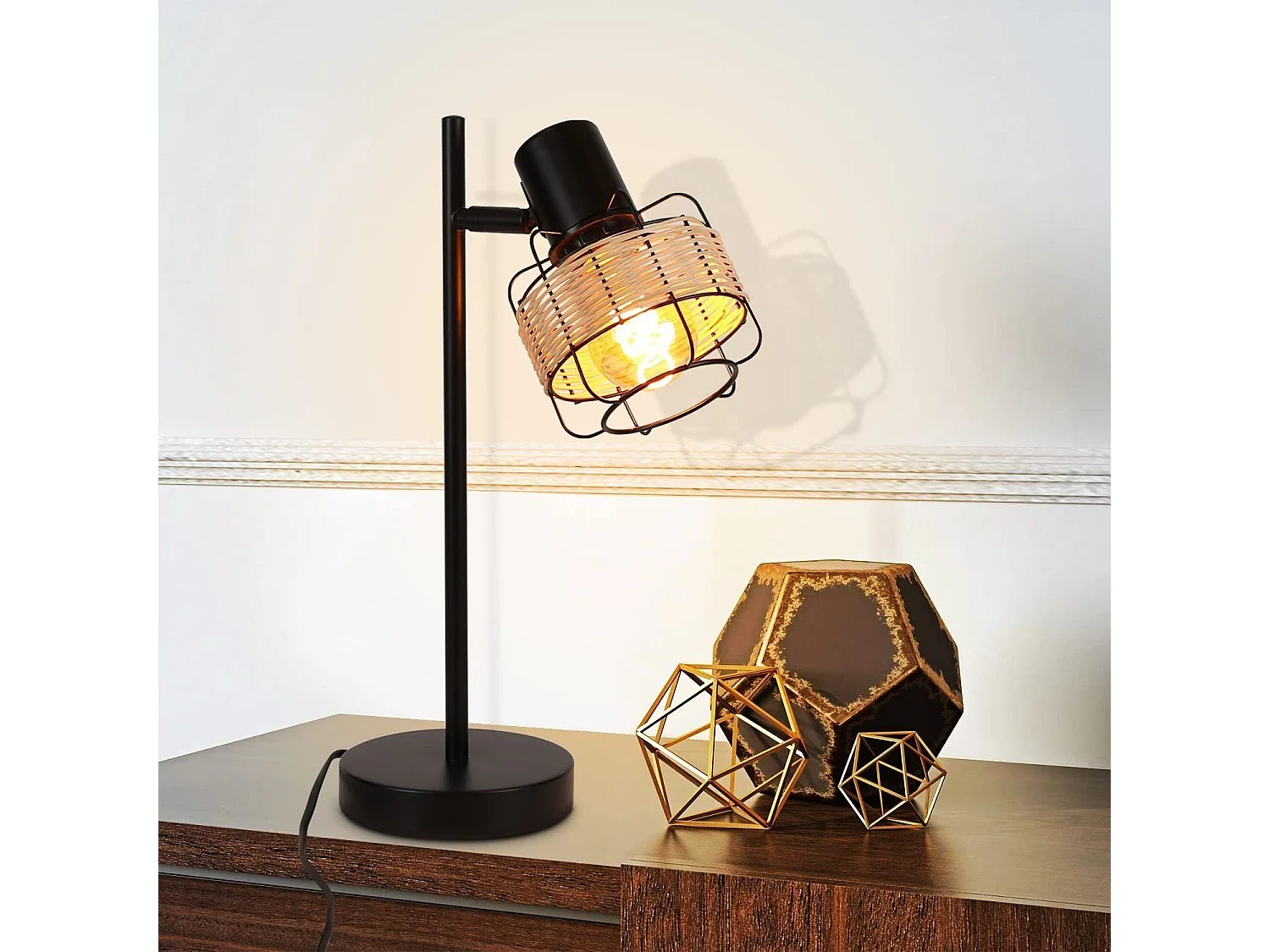 NETTLIFE lampa stołowa vintage lampka nocna lampa retro czarna salon rattan metal E27