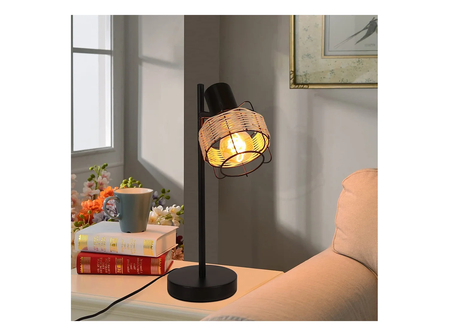 NETTLIFE lámpara de mesa, lámpara de cabecera vintage, lámpara retro para salón, negro, en rattan y metal, E27.