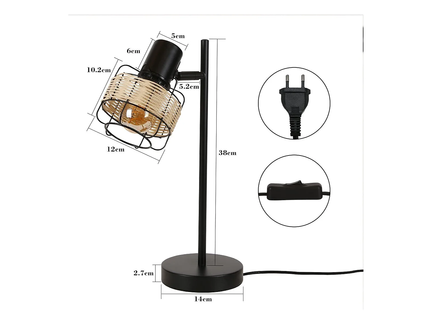NETTLIFE lámpara de mesa, lámpara de cabecera vintage, lámpara retro para salón, negro, en rattan y metal, E27.