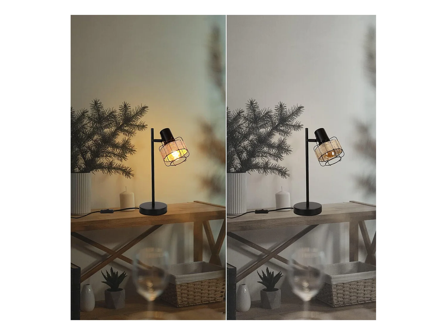 NETTLIFE lámpara de mesa, lámpara de cabecera vintage, lámpara retro para salón, negro, en rattan y metal, E27.