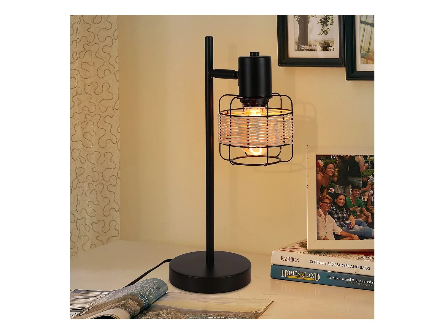 NETTLIFE lámpara de mesa, lámpara de cabecera vintage, lámpara retro para salón, negro, en rattan y metal, E27.