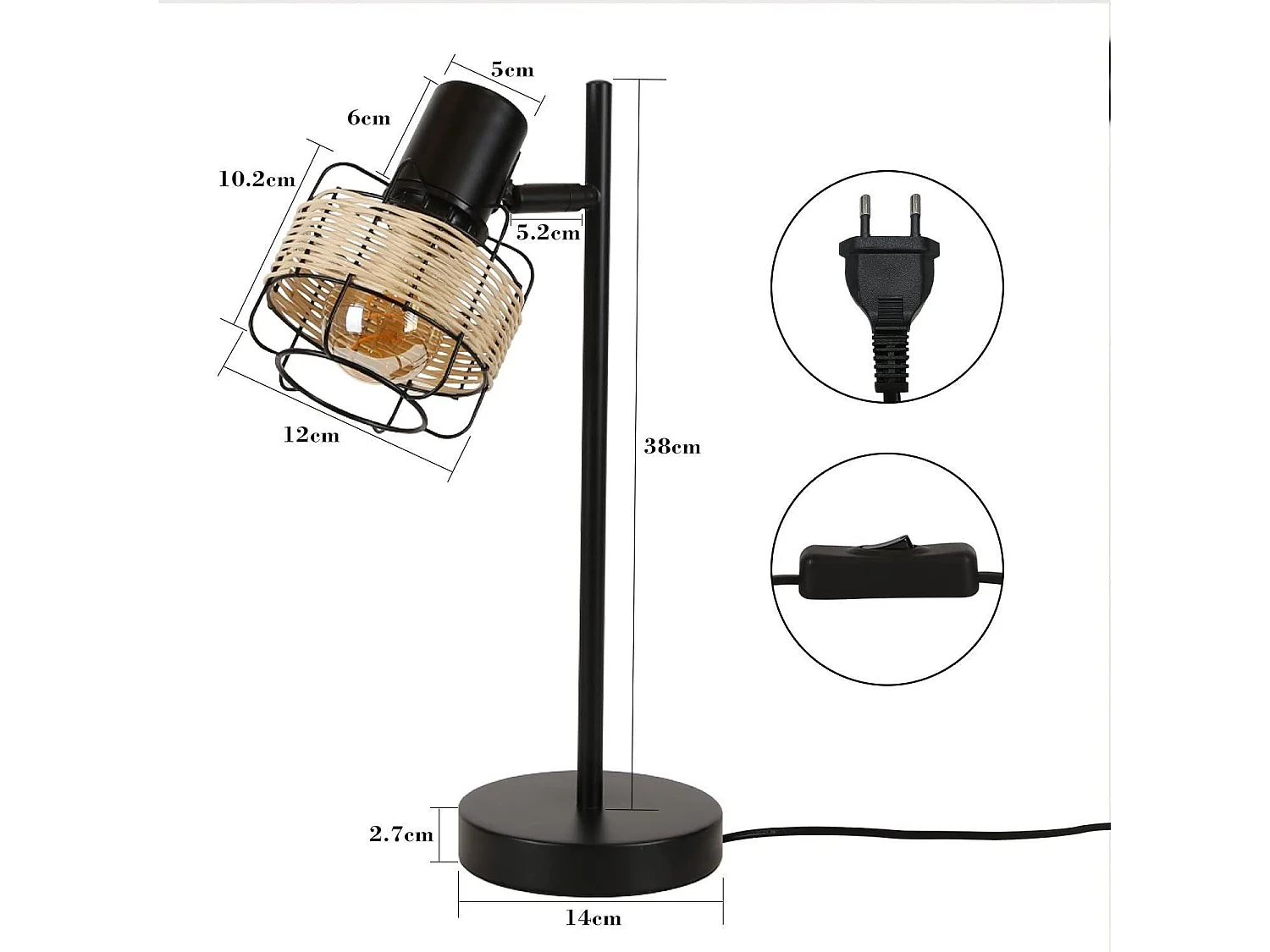 NETTLIFE lampe de table lampe de chevet vintage lampe rétro salon noir en rotin métal E27