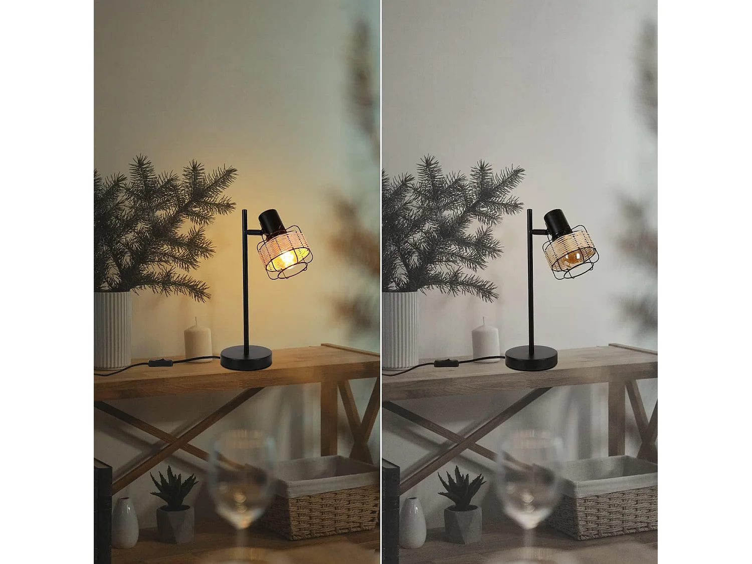 NETTLIFE lampe de table lampe de chevet vintage lampe rétro salon noir en rotin métal E27