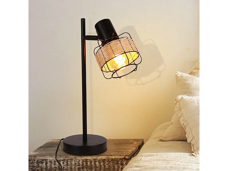 NETTLIFE nachttafel - en kaptafellamp vintage, retro salonlamp, zwart, van riet en metaal, E27